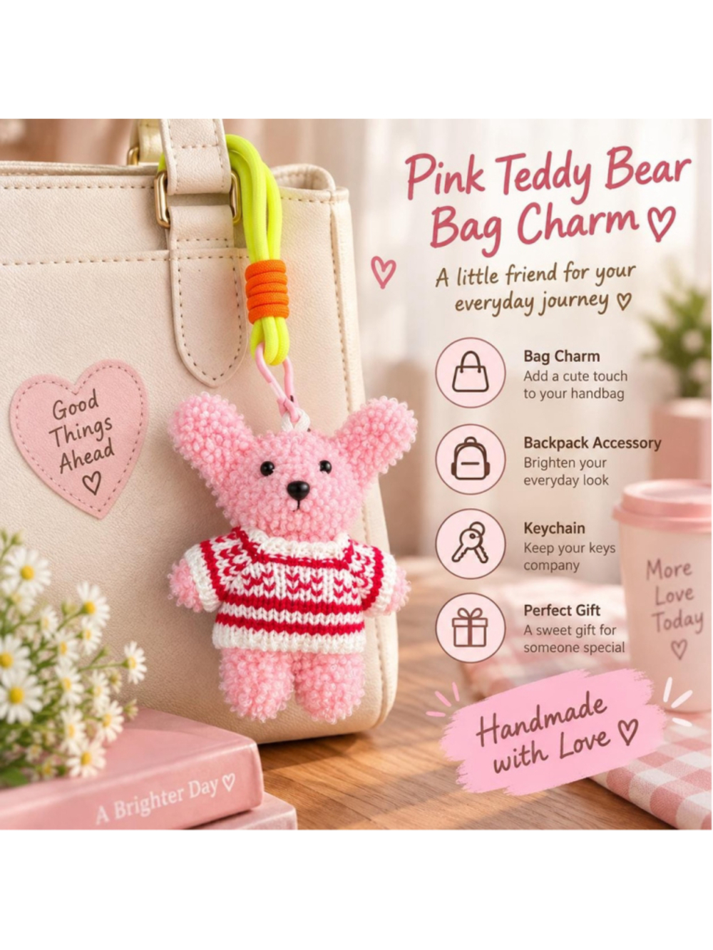 Rosy Sweater Bear – Handmade Pink Teddy Bear Keychain & Bag Charm